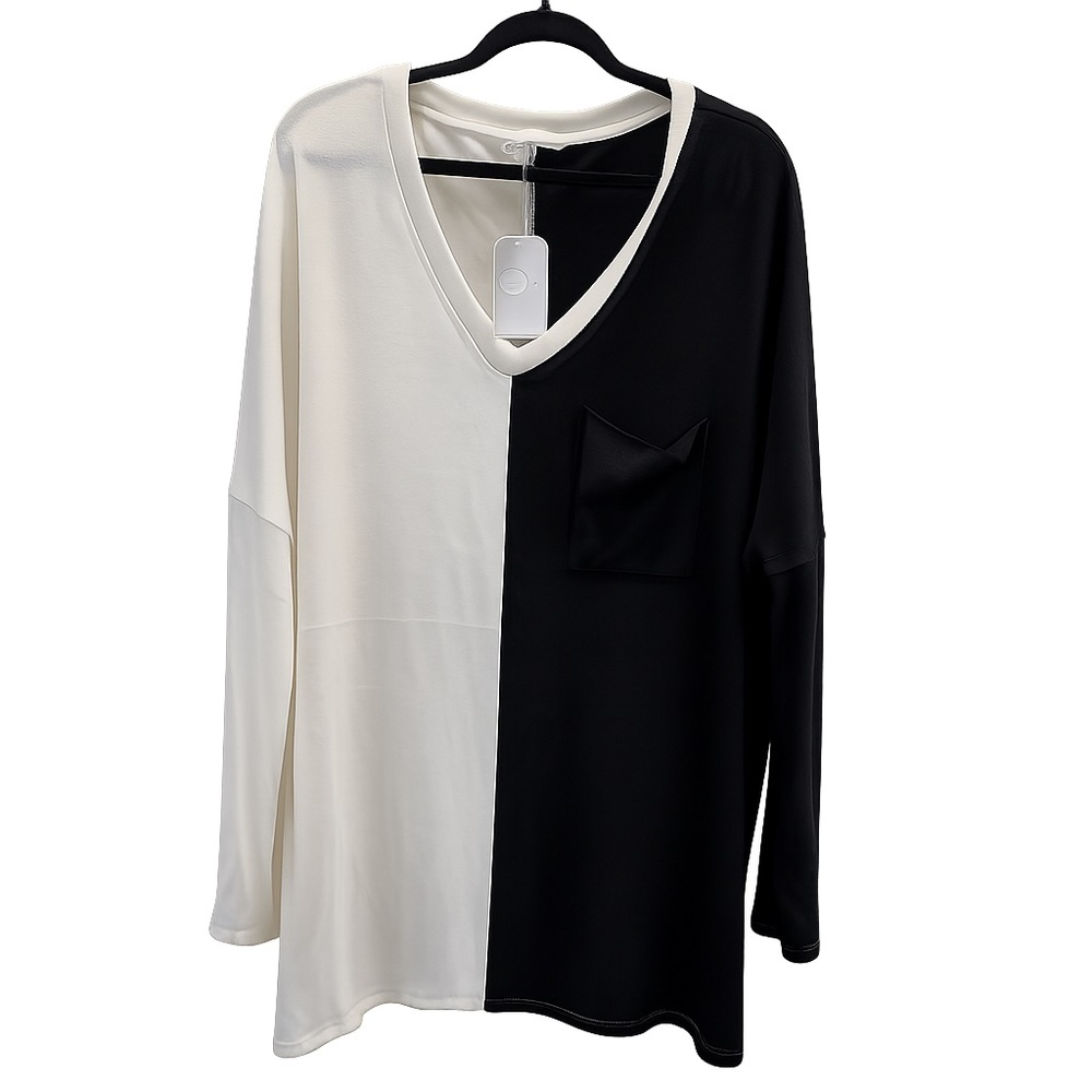 Culture Code Black White Colorblock V-Neck Long Sleeve Pocket Top XL